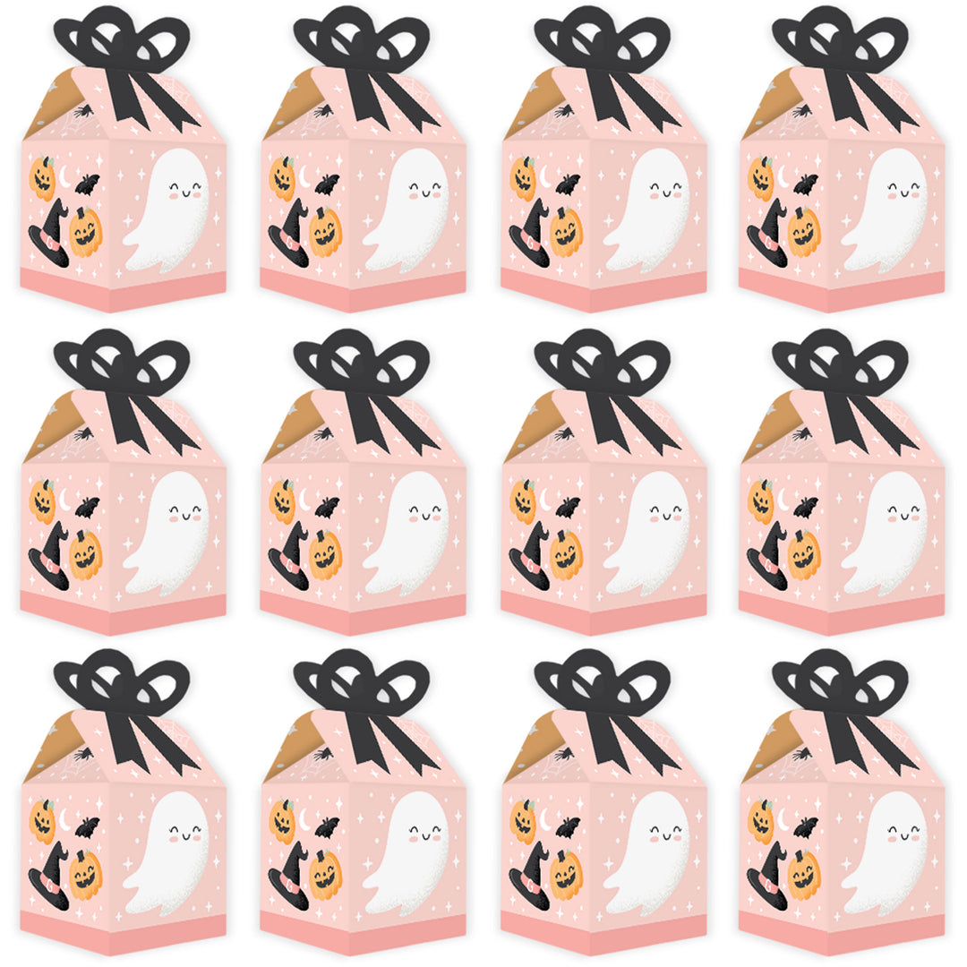 Pastel Halloween - Square Favor Gift Boxes - Pink Pumpkin Party Bow Boxes - Set of 12