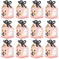 Pastel Halloween - Square Favor Gift Boxes - Pink Pumpkin Party Bow Boxes - Set of 12