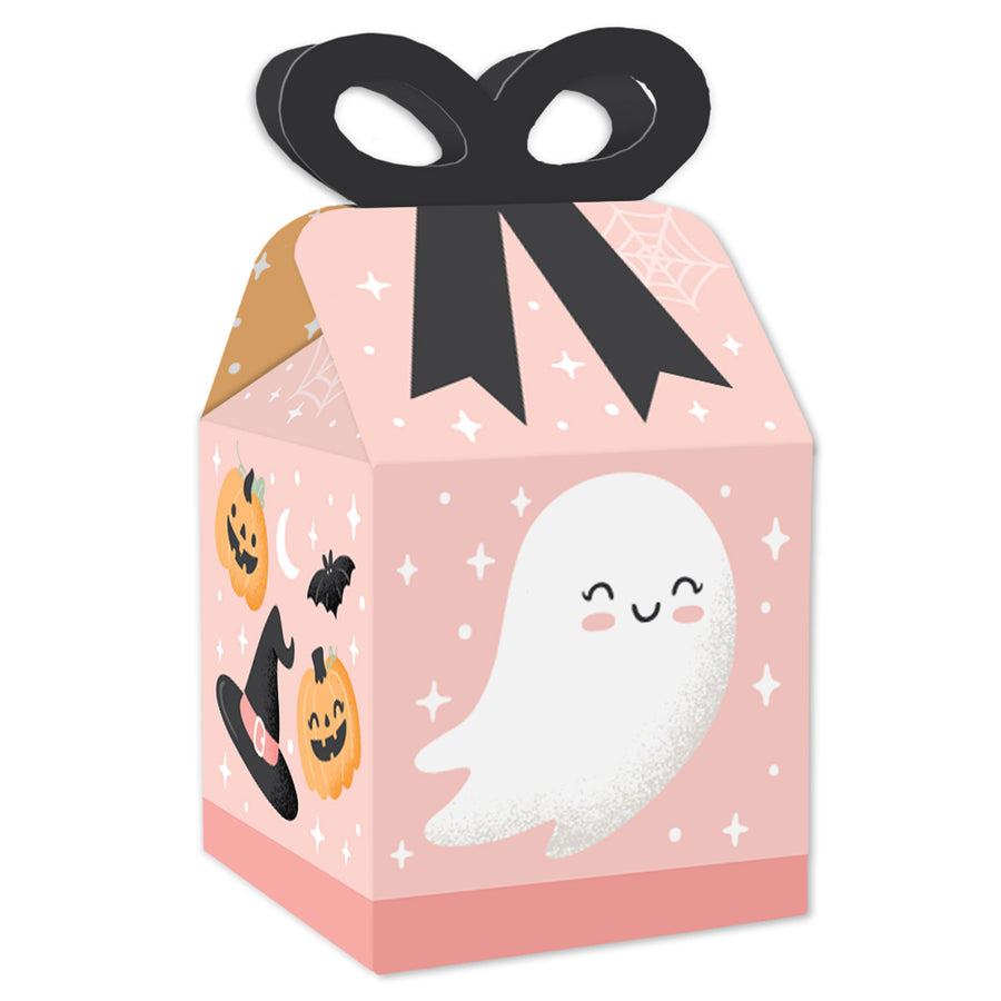 A square pink gift box with a Halloween design, featuring a ghost and pumpkins, topped with a black bow.