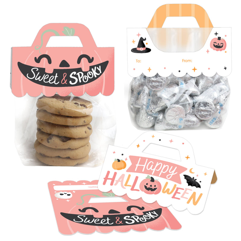 Pastel Halloween - DIY Pink Pumpkin Party Clear Goodie Favor Bag Labels - Candy Bags with Toppers - Set of 24