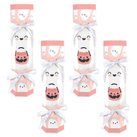A set of 12 flat cardboard party favor boxes with a pink pumpkin design, tied with white satin ribbon.