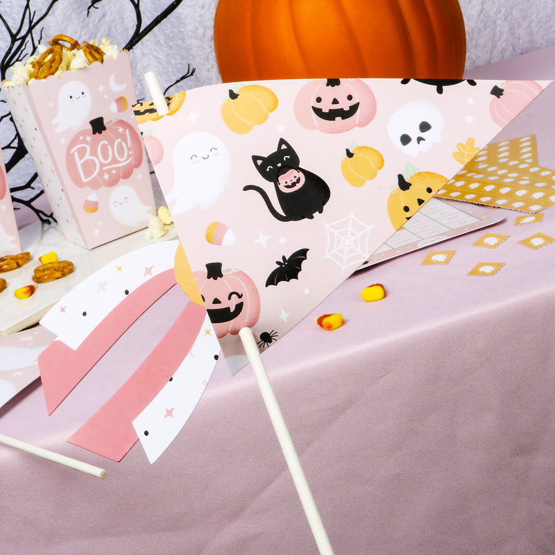 Pastel Halloween - Triangle Pink Pumpkin Party Photo Props - Pennant Flag Centerpieces - Set of 20