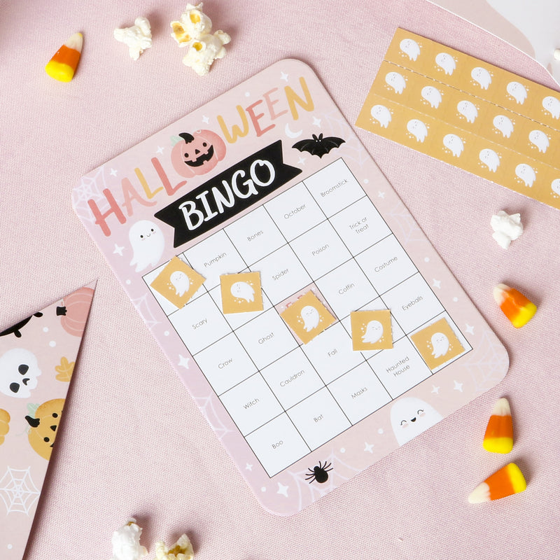 Pastel Halloween - Bingo Cards and Markers - Pink Pumpkin Party Bingo Game - Set of 18
