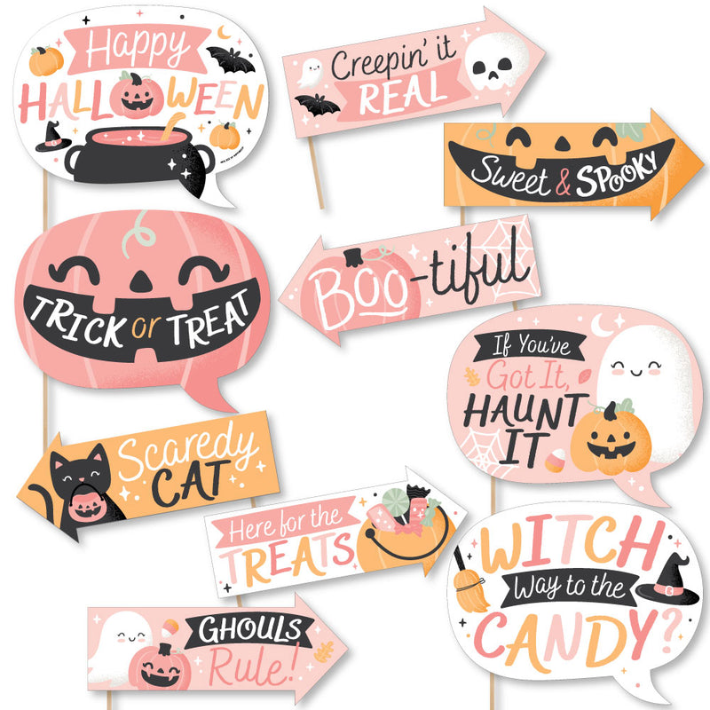 Funny Pastel Halloween - Pink Pumpkin Party Photo Booth Props Kit - 10 Piece