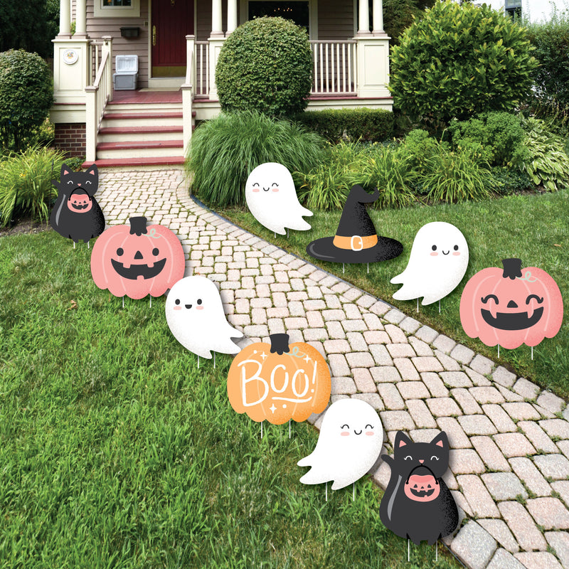 Pastel Halloween - Ghost, Pumpkin, Cat and Hat Lawn Decorations - Outdoor Pink Pumpkin Party Yard Decorations - 10 Piece