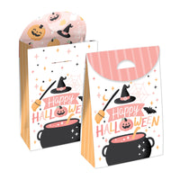 Two Halloween-themed gift favor bags with pink and pastel colors, featuring pumpkins, a witch's hat, and the text 'Happy Halloween'. The bags are designed to be assembled by the user.