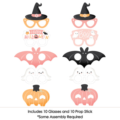 Pastel Halloween Glasses and Masks - Paper Card Stock Pink Pumpkin Party Photo Booth Props Kit - 10 Count