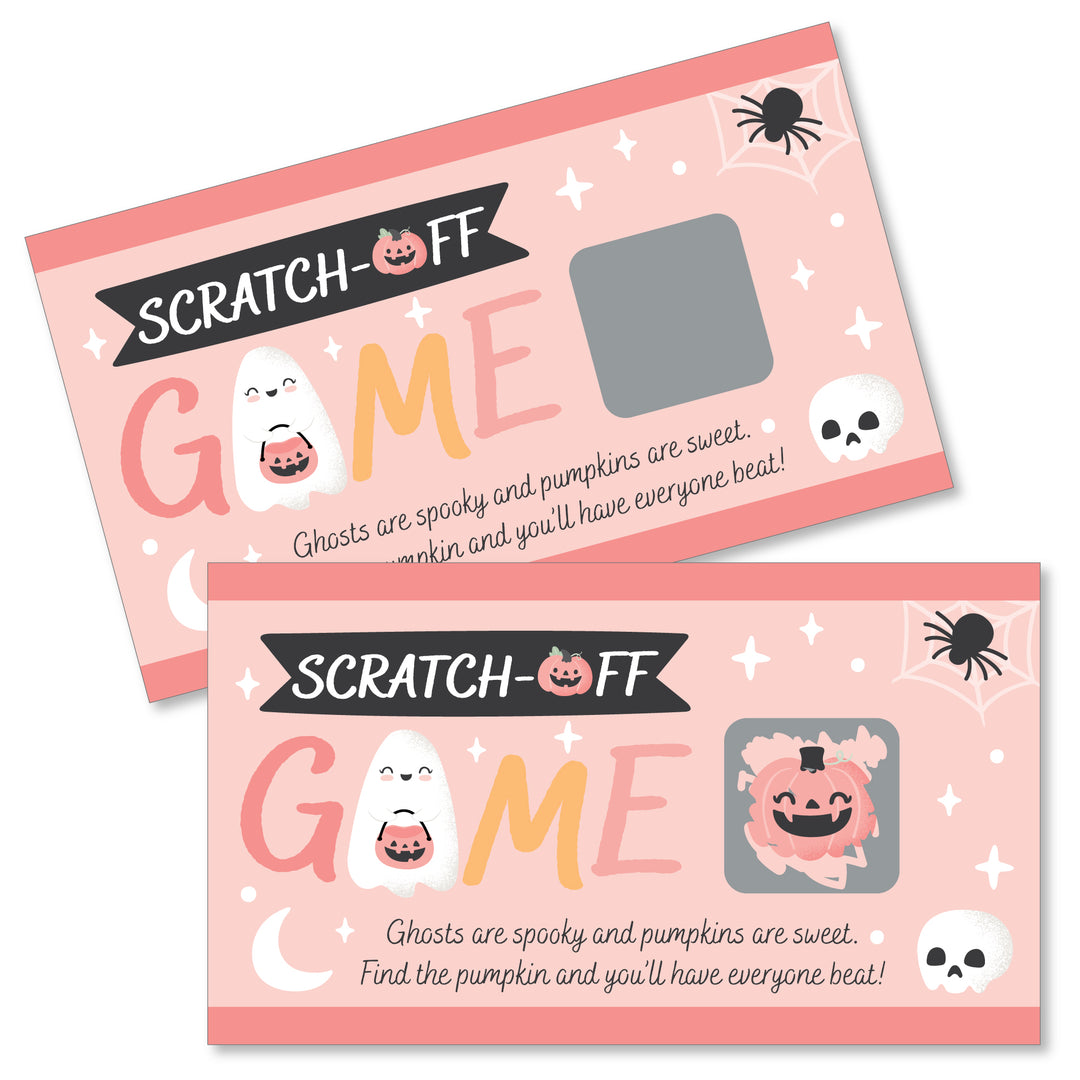 Two Halloween-themed scratch-off game cards with pink backgrounds, featuring cute spooky motifs such as ghosts and pumpkins, and text detailing the game instructions.