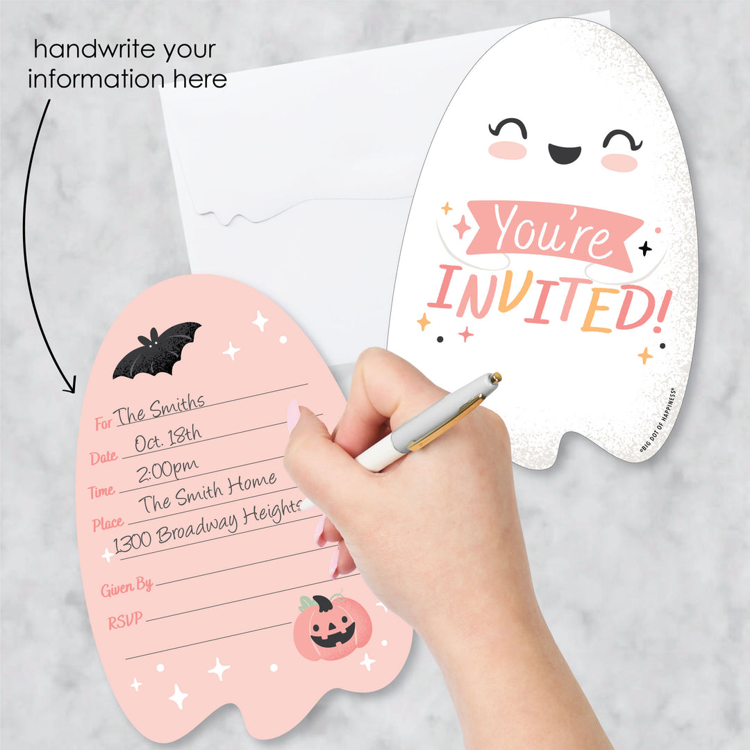 Pastel Halloween - Shaped Fill-In Invitations - Pink Pumpkin Party Invitation Cards with Envelopes - Set of 12