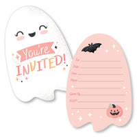 Ghost-shaped fill-in invitation card with 'You're Invited' text and a pink pumpkin party design, including space for party details and an illustration of a bat, alongside a white envelope.