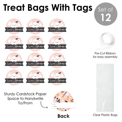 Pastel Halloween - Pink Pumpkin Party Clear Goodie Favor Bags - Treat Bags With Tags - Set of 12
