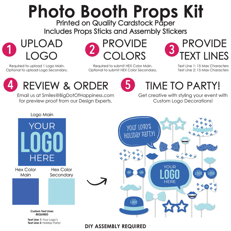 Custom Logo Photo Booth Props Kit - Personalized Branded Business Party Decorations - 20 Count