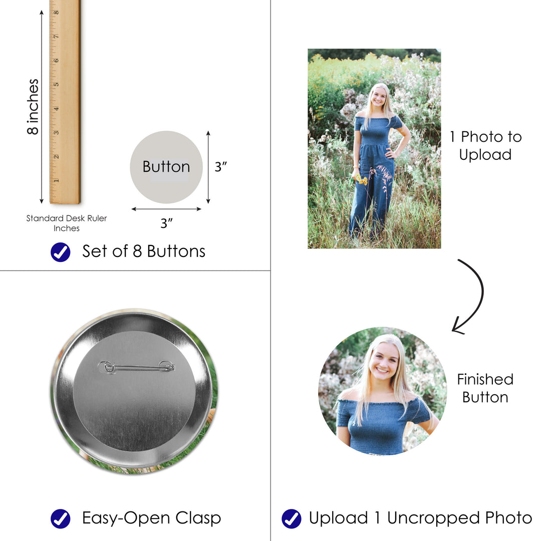 Custom Picture - 3 inch Pinback Photo Buttons - Set of 8