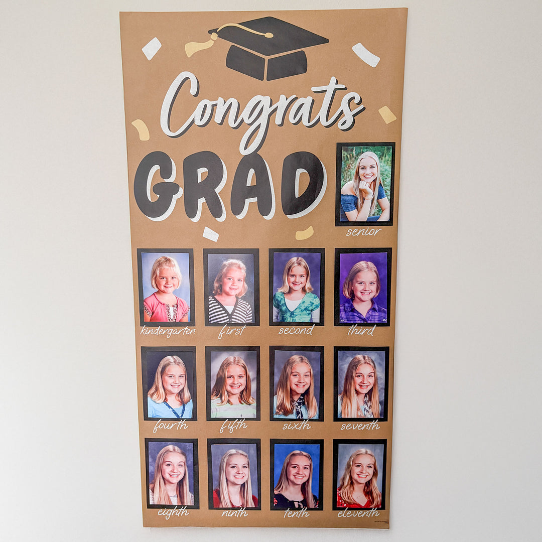 Graduation-themed photo display with K-12 School photos 'Congrats Grad' text and multiple photos of a girl.