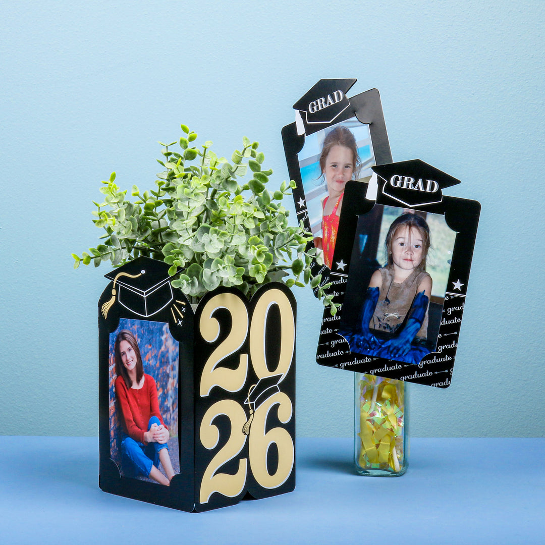 Black & Gold Graduation Photo Centerpieces - 8 Ct