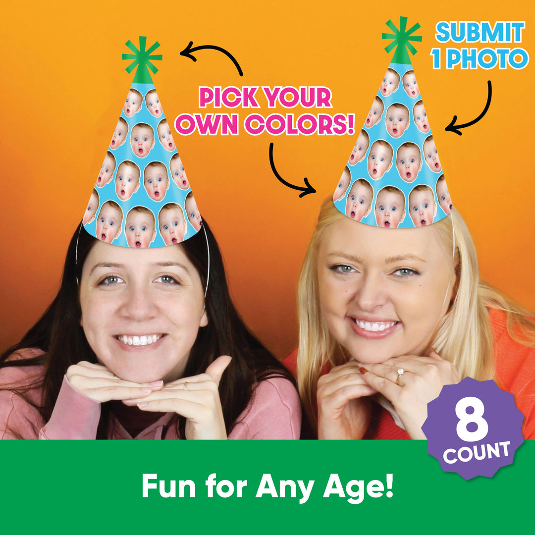 Personalized fun face party hats for milestone birthday celebration décor