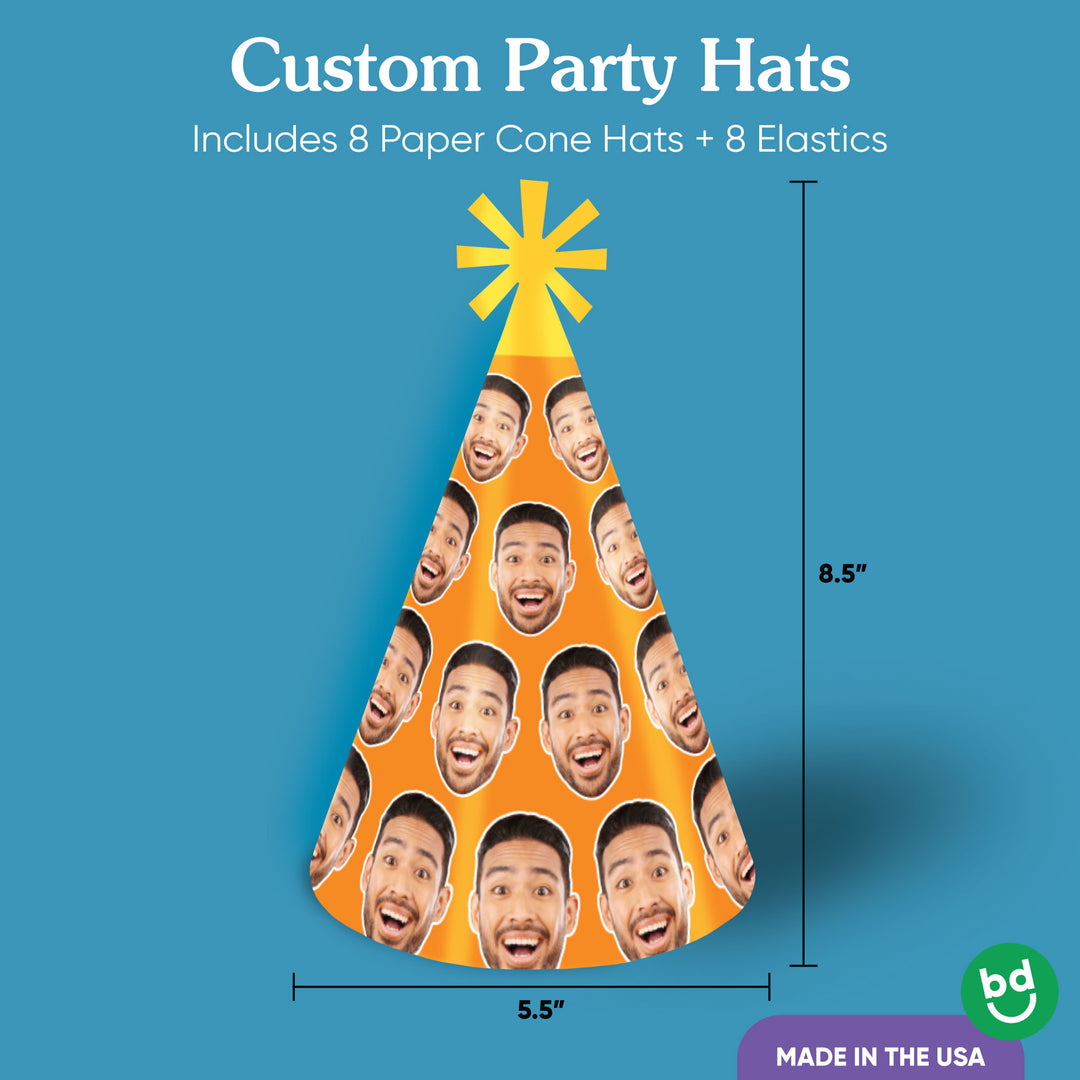 Set of 8 custom face cone party hats included with personalized birthday party supplies made in USA
