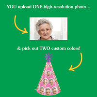 Close-up of personalized paper cone party hat featuring uploaded face photo and colorful starburst topper