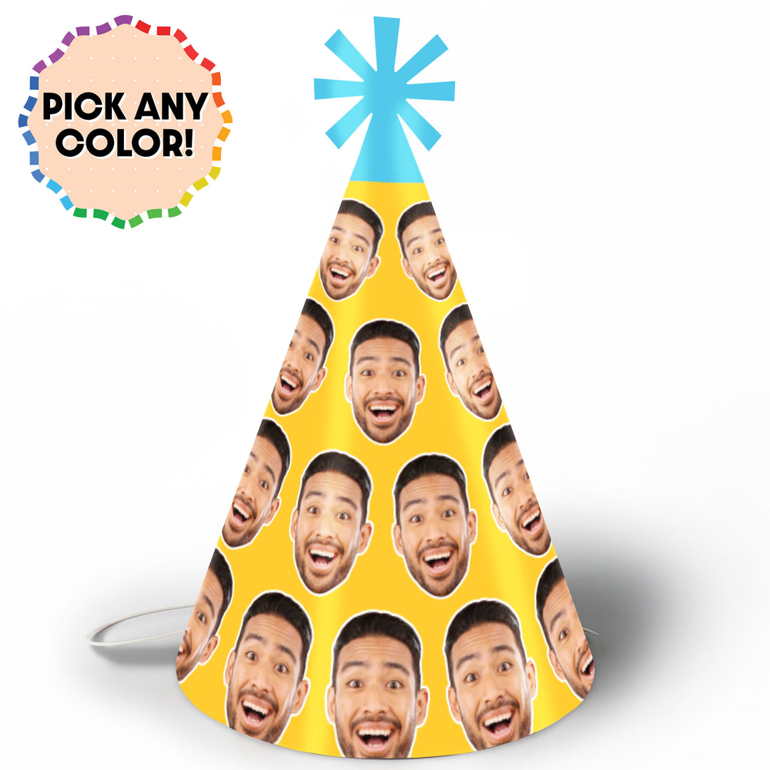 Custom fun face cone party hats with repeating photo face pattern and custom colors for birthday party decorations