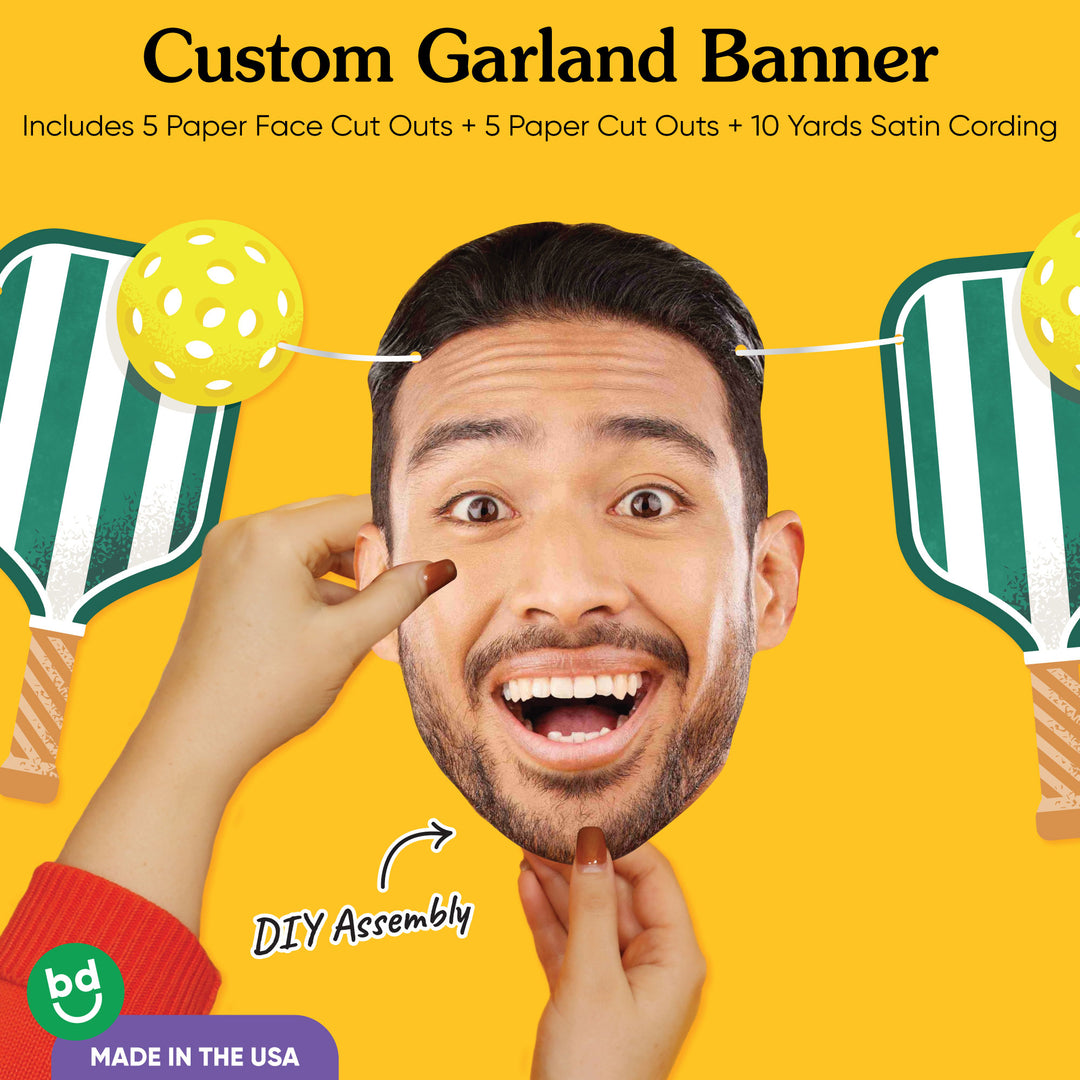  'Custom Garland Banner' with a man's face cutout and sports-themed decorations on a yellow background.