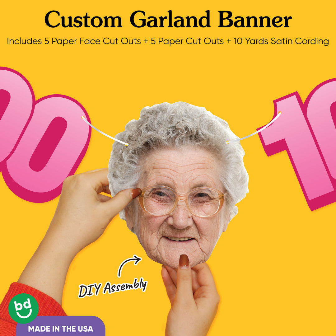 Cardstock finish and satin string on 100th birthday face banner