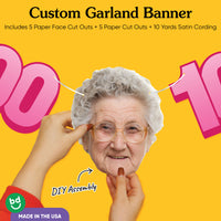 Cardstock finish and satin string on 100th birthday face banner