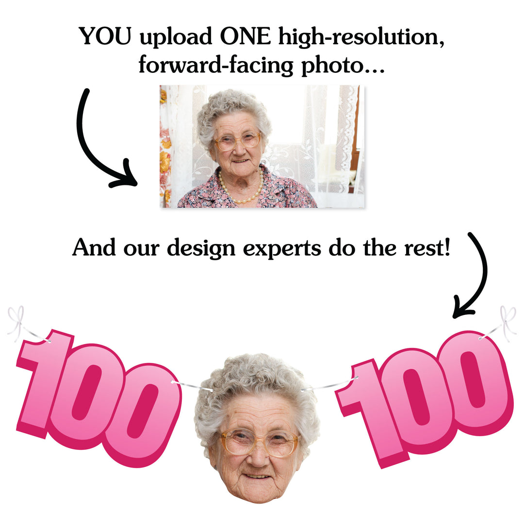 Upload one photo for custom 100th birthday fun face banner