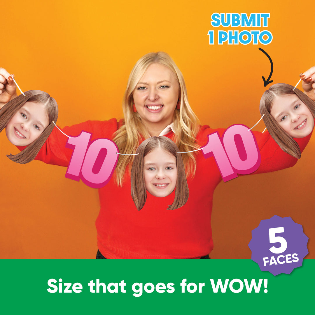 Submit one photo to create five custom faces for 10th birthday garland