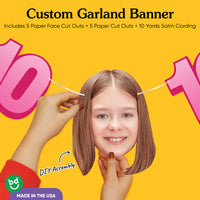 White satin cording and cardstock details on 10th birthday face garland