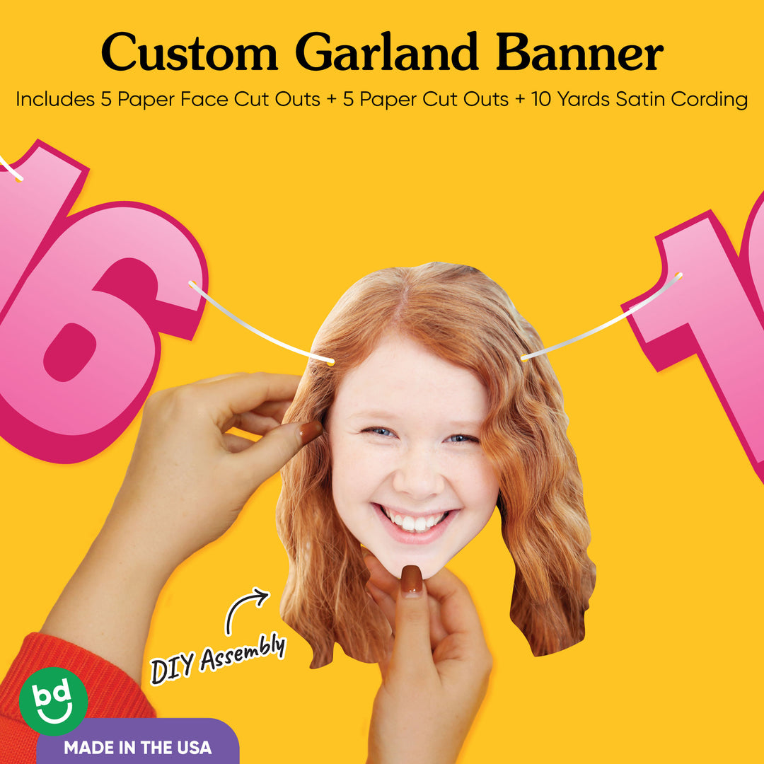 Satin cording and sturdy cardstock on sweet 16 face banner