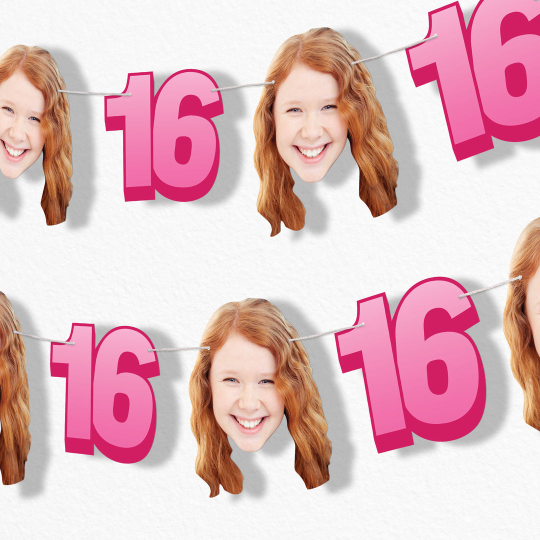 Pink sweet 16 fun face party banner