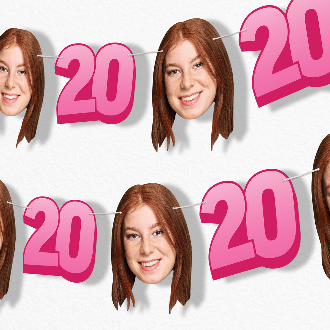 Pink 20th birthday fun face garland decoration