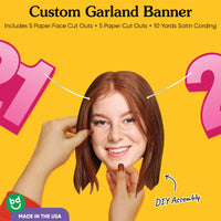 Cardstock finish and satin string on 21st birthday face banner