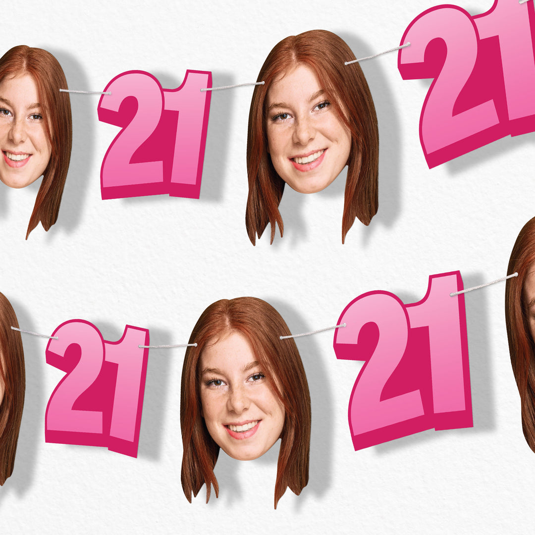 Pink 21st birthday fun face banner