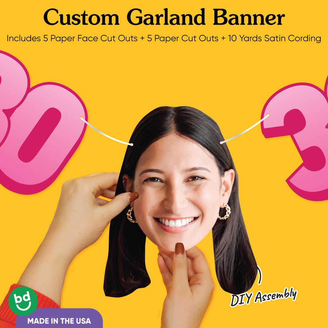 Cardstock finish and satin string on 30th birthday face banner