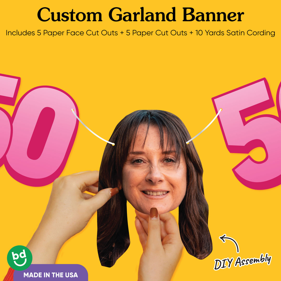 Cardstock finish and satin string on 50th birthday face banner