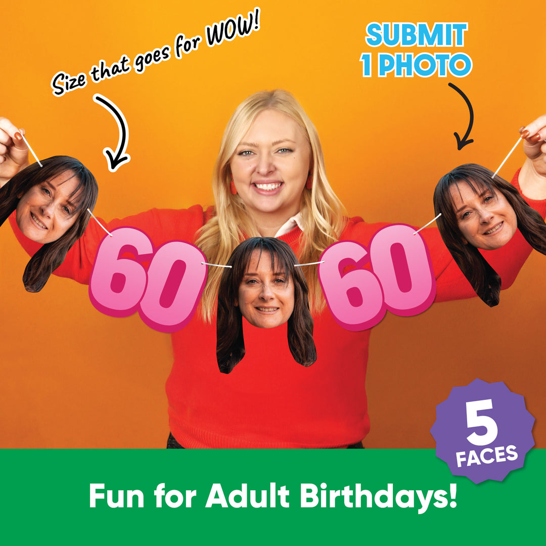 Personalized 60th birthday garland banner with custom face photo cutouts and party décor.