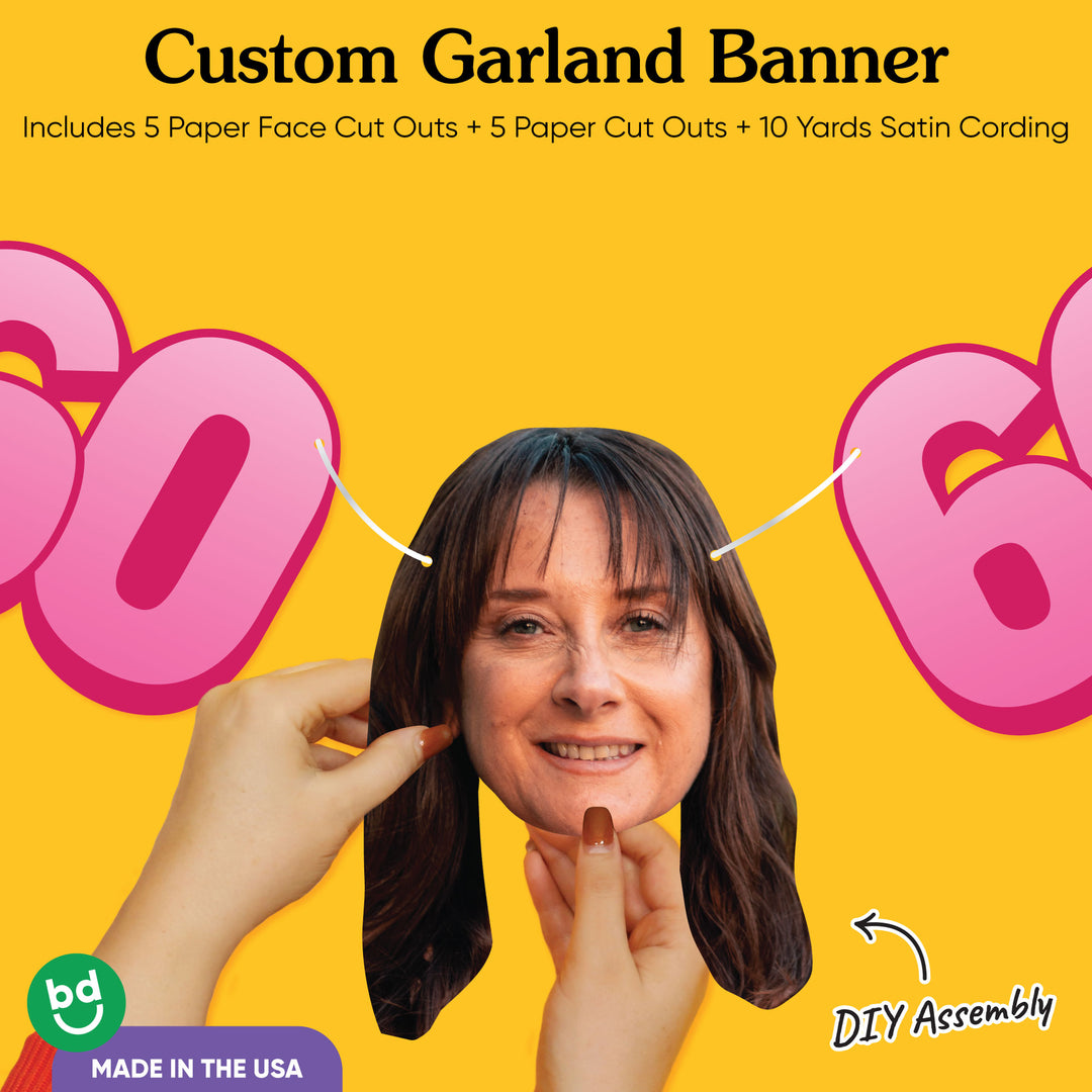 60th birthday party custom face banner with oversized cutouts and black & gold theme.