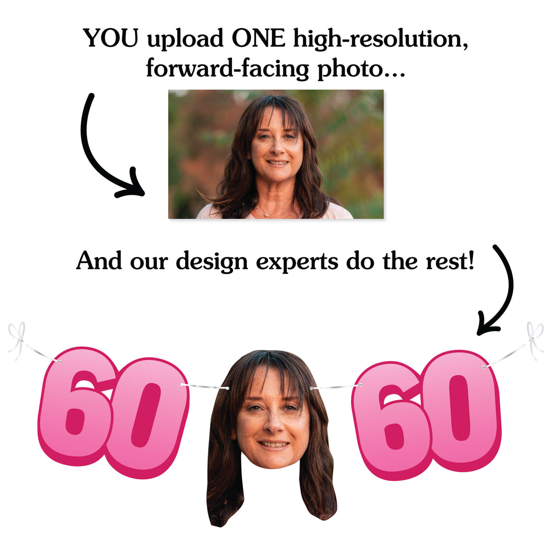 Milestone 60th birthday celebration garland banner featuring custom photo faces and decorative shapes
