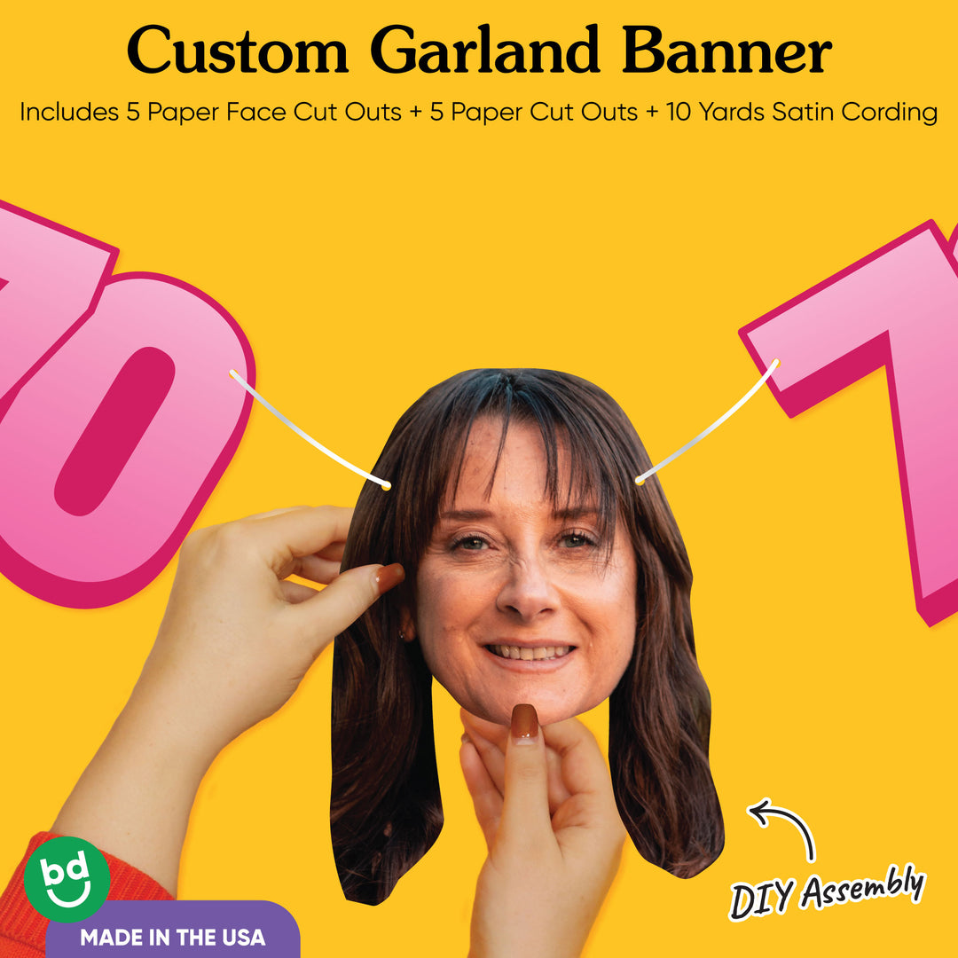 Cardstock finish and satin string on 70th birthday face banner