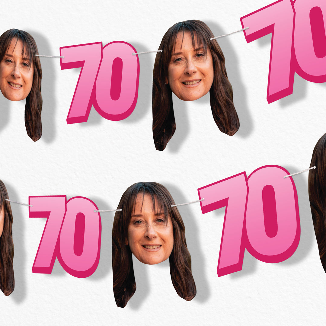 Pink 70th birthday fun face garland banner