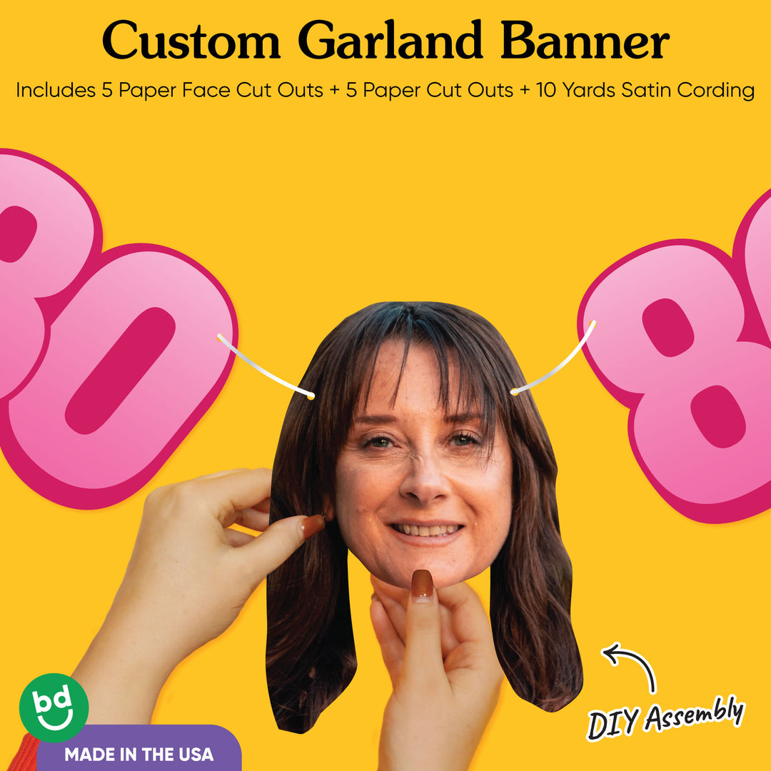 Cardstock finish and satin string on 80th birthday face banner