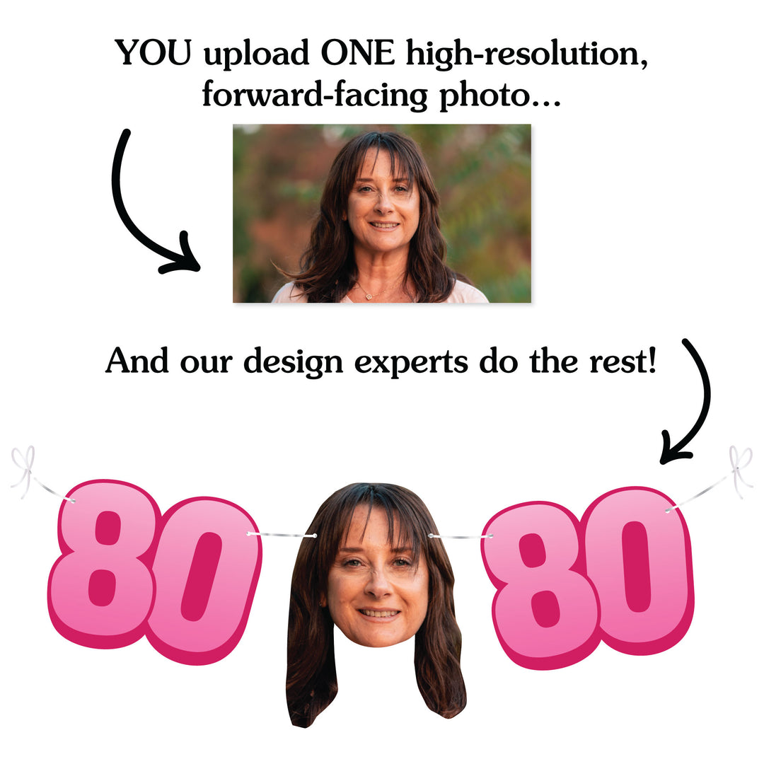 Upload one photo for custom 80th birthday fun face banner
