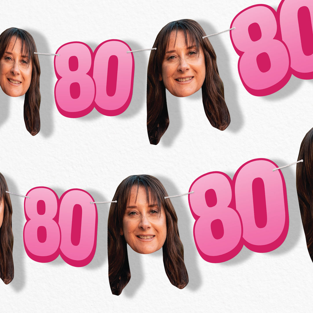 Pink 80th birthday fun face garland banner