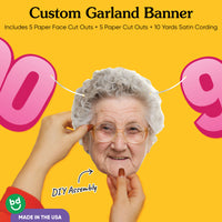 Cardstock finish and satin string on 90th birthday face banner