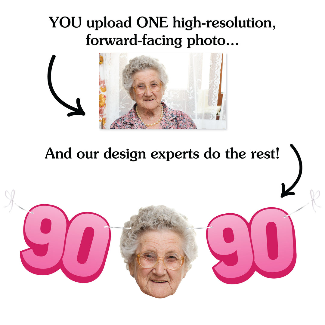 Upload one photo for custom 90th birthday fun face banner