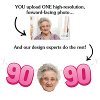 Upload one photo for custom 90th birthday fun face banner