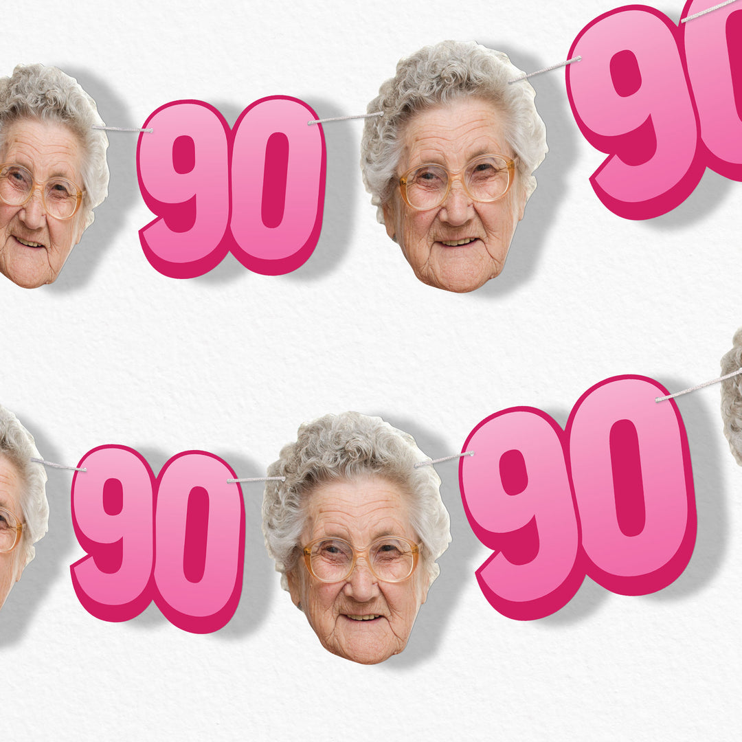 Pink 90th birthday fun face garland banner