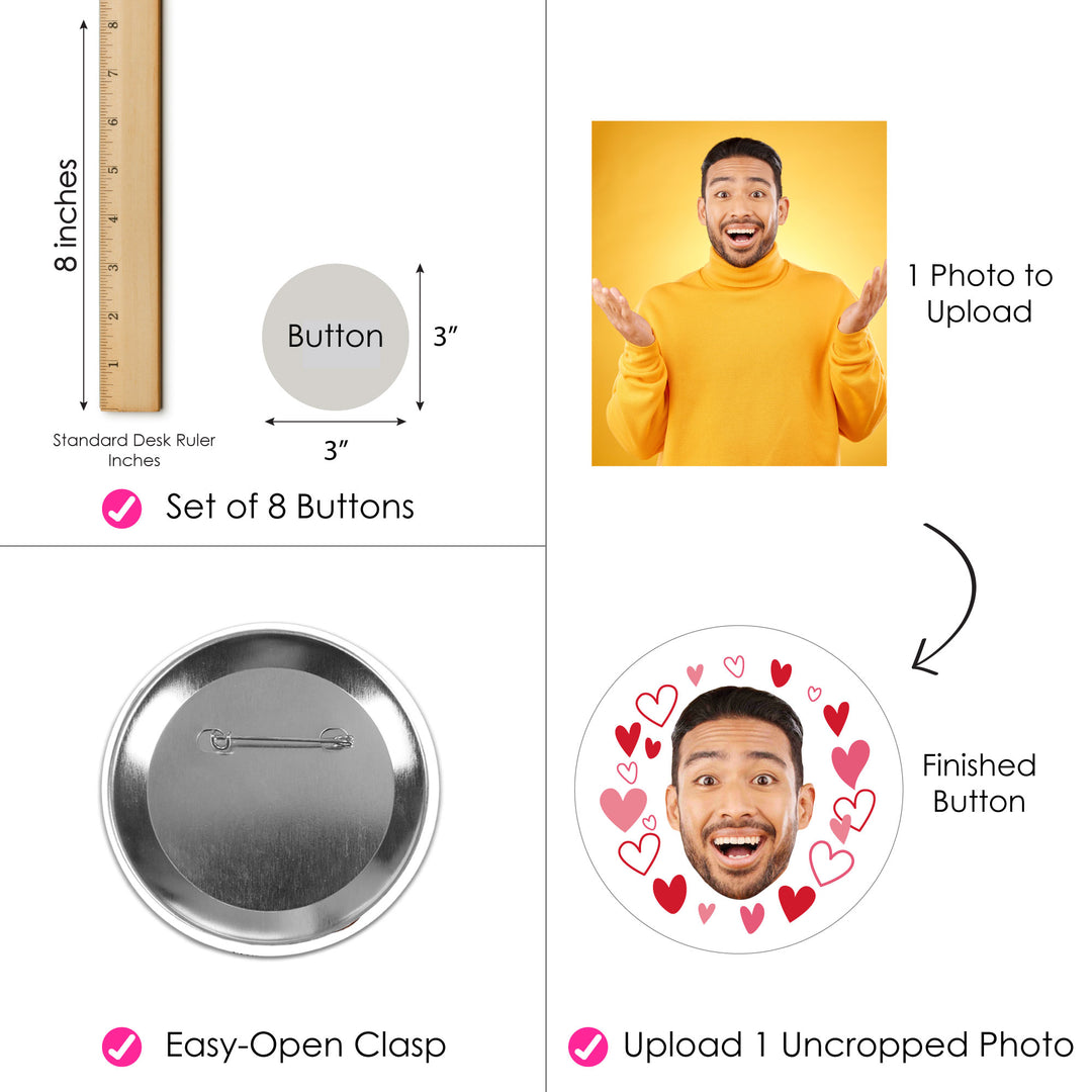 Custom Fun Face Hearts Pinback Buttons - 8 Ct