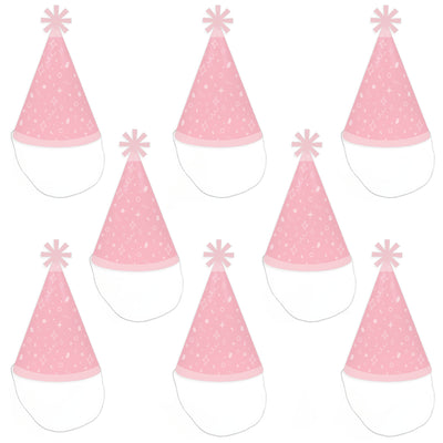 Pink Confetti Stars - Cone Happy Birthday Party Hats for Kids and Adults - Set of 8 (Standard Size)